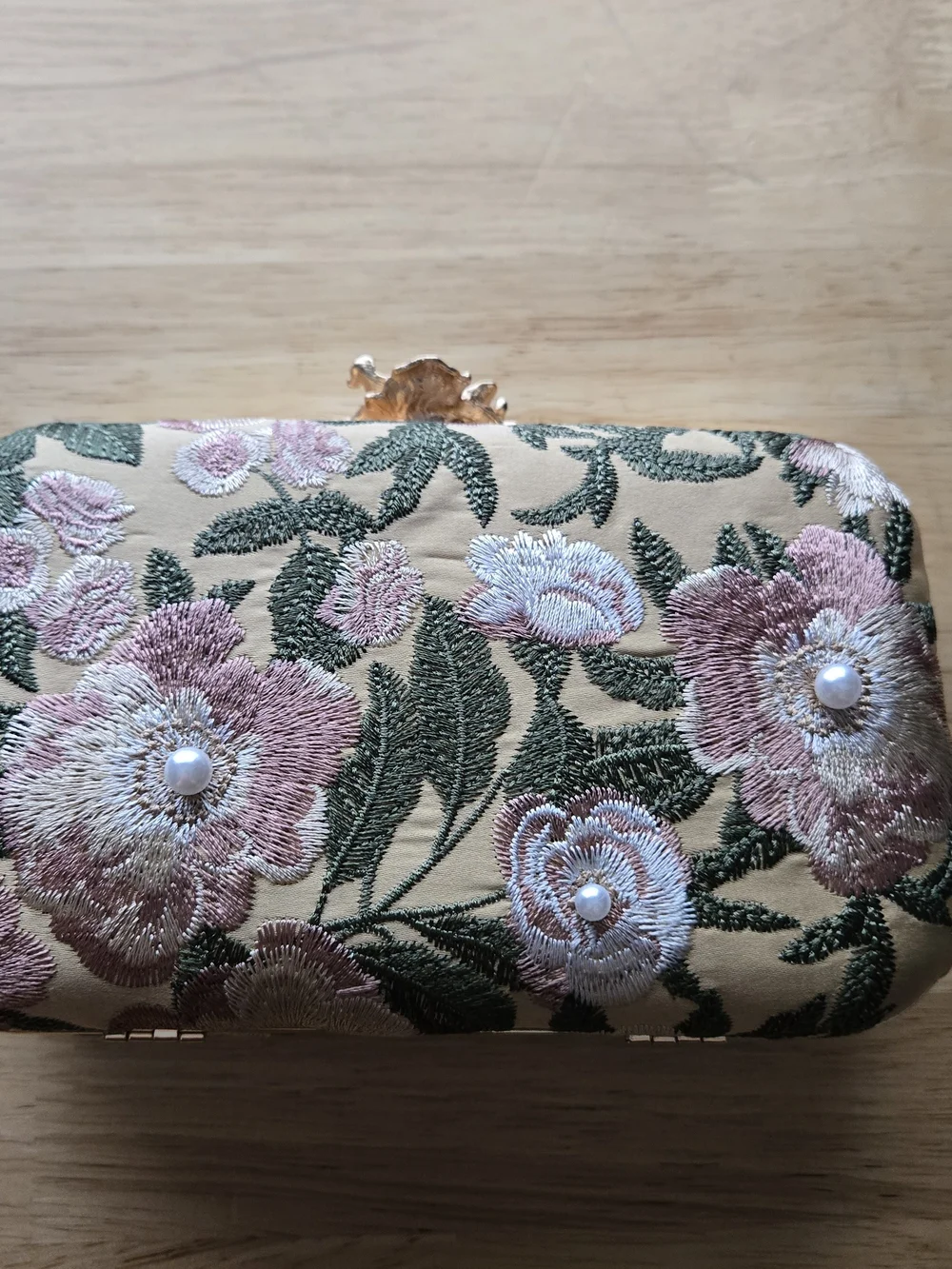 Source Unknown Pink and Green Floral Embroidered Clutch with Pearl Accents